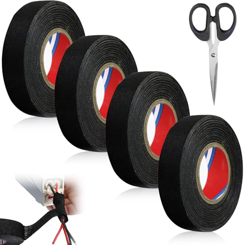 Megcdtr KFZ Gewebeband, 4 Rollen Gewebeband 19mm x 15m, Auto Kabelbaum Filzband PET Vlies 51608 Isolierband Schwarz Kabelbäume Elektriker Band für Auto Kabel Befestigt von Megcdtr