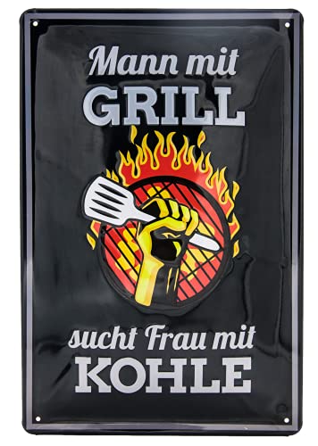 Mann mit Grill sucht Frau mit Kohle - hochwertig geprägtes Blechschild, Wandschild, Küchen Deko, 30 x 20 cm (Lustiger Spruch) von LuckyLinde
