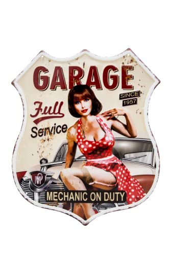 Mehr Relief-Schilder hier... Großes geprägtes 60er US Pin-Up Girl Retro Blechschild, Route 66 Style, Full Service Garage, Deko Werkstatt Schild, 33 x 39 cm, bunt von LuckyLinde