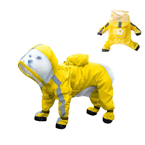 Hunde-Regenmantel und Regenschuhe-Set mit D-Ring, vollständige Abdeckung, wasserdichter und reflektierender Hundemantel mit kleinem Rucksack, Hunde-Regenbekleidung mit vergrößerter Krempe für kleine, von MeiAOBest
