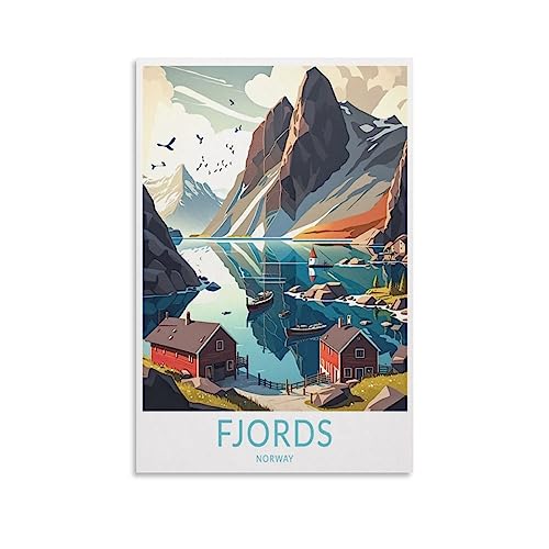 Fjords Norway Vintage-Reiseposter, Berg, 60 x 90 cm, Wandkunst, Kunstdruck, Leinwand-Kunst-Poster, modernes Familienschlafzimmer-Dekor-Poster von MeiDai