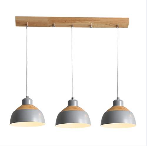 Vintage E27 Pendelleuchte Holz Metall 3-Flammig Pendellampe Grau Metallschirm Höhenverstellbar Hängeleuchte für Wohnzimmer Esszimmer Theke Küche Innen Dekor Esstischlampe von MeiXing Lampe