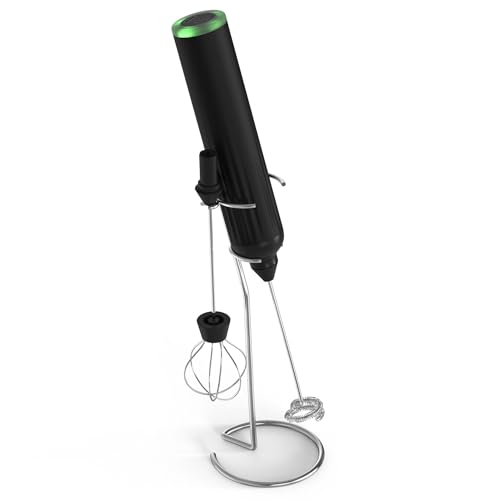 Meichoon Elektrischer Milchaufschäumer Handheld mit 2 Rührköpfen 3 Geschwindigkeitsmodi Mini für Cappuccino Frappuccino Matcha Heiße Schokolade Kaffee Creamer KT51 Schwarz, Q-KT51 Black von Meichoon