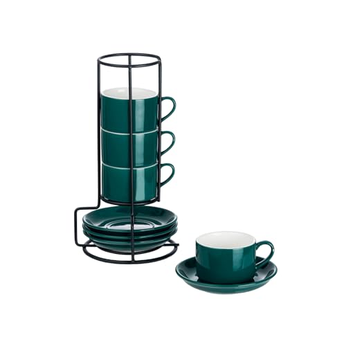 Meichu Stapelbare Espressotassen aus Porzellan, 70,9 ml, mit Untertassen und Metallständer, stapelbare Cappuccinotassen, grünes Expresso Shots Tassen-Set für Kaffee, Getränke, Latte, Tee, 4 Stück von Meichu
