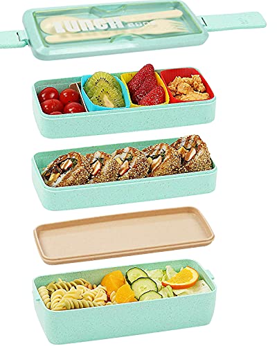 Bento-Lunchbox, wiederverwendbar, Bento Lunchbox, 3-lagig, für Kinder und Erwachsene, Mahlzeiten, mit Gabel und Löffel (grün) von Meider