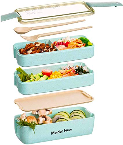 Japanische Bento Box Lunchbox, 3-in-1 Fach, Bento Lunchbox, Meal Prep Container mit Gabel, Löffel von Meider