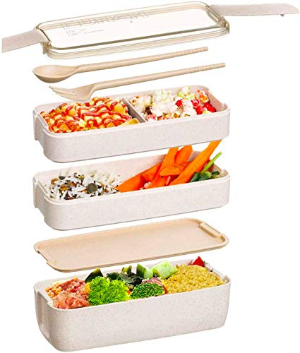 Meider Japanische Bento Box Lunchbox Wiederverwendbar 3 in 1 Fach Bento Lunchbox Meal Prep Container mit Gabel Löffel von Meider