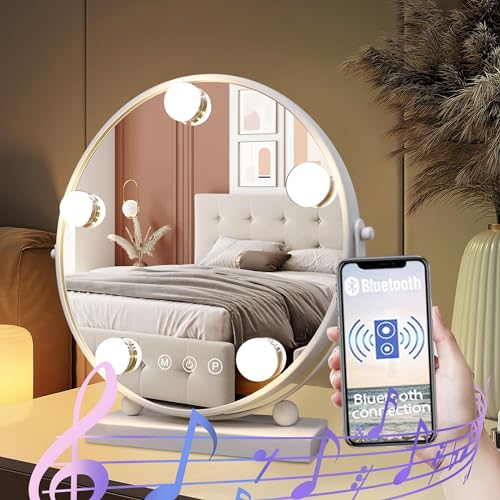 Meidom Bluetooth Schminkspiegel mit Beleuchtung, Φ 30CM, 3 Farbtemperatur Licht, 360°Drehbar Runder LED Schminkspiegel mit 5 Dimmbare LED, Memory-Funktion Schminktisch Spiegel, Weiß von Meidom