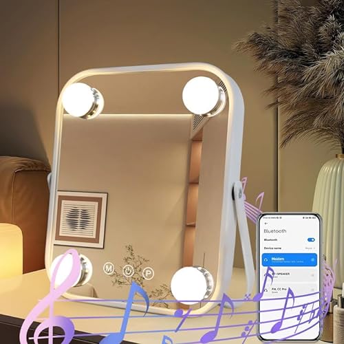 Meidom Bluetooth Schminkspiegel mit Beleuchtung, Kosmetikspiegel mit 4 Verstellbaren LED-Leuchten und 3 Farbe Licht, Touch-Steuerung, 360°Drehbar 22 x 25 cm Spiegel von Meidom