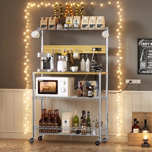 Bäckerregal mit USB-Ports, 86,4 cm Mikrowellenständer mit Aufbewahrung, Kaffeebarwagen mit Rollen und Haken, 4-stöckiges Metall-Küchenregal für Küche, Chrom Bäckerregal mit USB-Ports, 86,4 cm Mikrowellenständer mit Aufbewahrung, Kaffeebarwagen mit Rollen und Haken, 4-stöckiges Metall-Küchenregal für Küche, Chrom von Meieajiaju