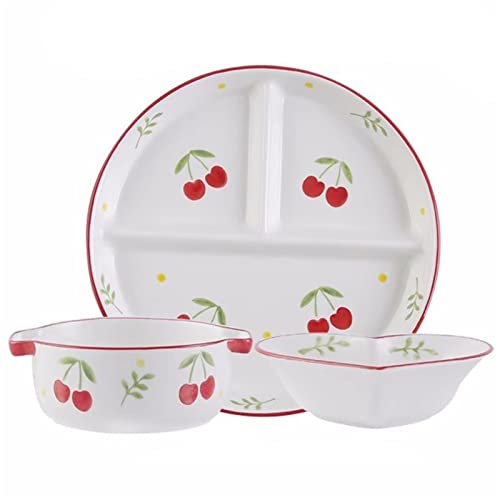 3-teiliges Besteckset for eine Person Bariatrische Teller zur Portionskontrolle, geteilte Teller/Suppenschüsseln – Weiß mit Fruchtmuster (Color : A) von Meiiron