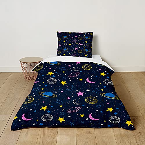 Baby Kinder Bettwäsche mit Kopfkissenbezug, Mateju Mädchen Junge Mikrofaser Bettbezüge mit Reißverschluss, Kinderbettwäsche-Set Babybettwäsche (Planet Mond,2pcs-100x135+40x60cm) von Meiju-shop