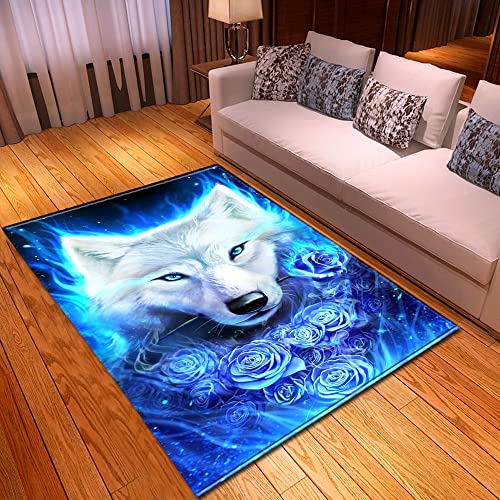 Mateju Teppich Schlafzimmer Wohnzimmer Teppich Tier 3D Dekoration Waschbarer Flanell Teppiche Balkon Terrasse Küchenteppich Bodenmatte Fußmatte (Weißer Wolf,60x90cm) von Meiju-shop