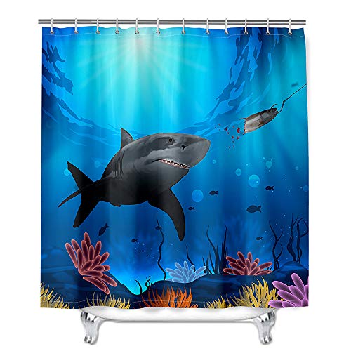 Mateju Wasserdicht Duschvorhang Anti-Schimmel, 3D Hai Tierdruck Duschvorhänge Waschbar Polyester Stoff Badvorhang mit 12 Duschvorhängeringen für Badewanne und Bathroom (Karikatur,180x180cm) von Meiju-shop