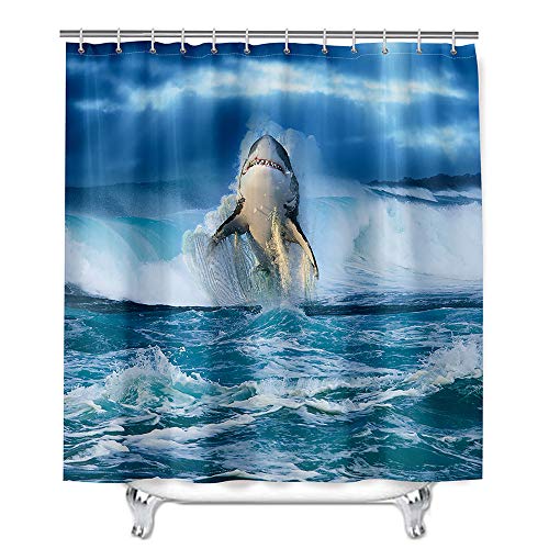 Mateju Wasserdicht Duschvorhang Anti-Schimmel, 3D Hai Tierdruck Duschvorhänge Waschbar Polyester Stoff Badvorhang mit 12 Duschvorhängeringen für Badewanne und Bathroom (Surfen im Wasser,90x180cm) von Meiju-shop