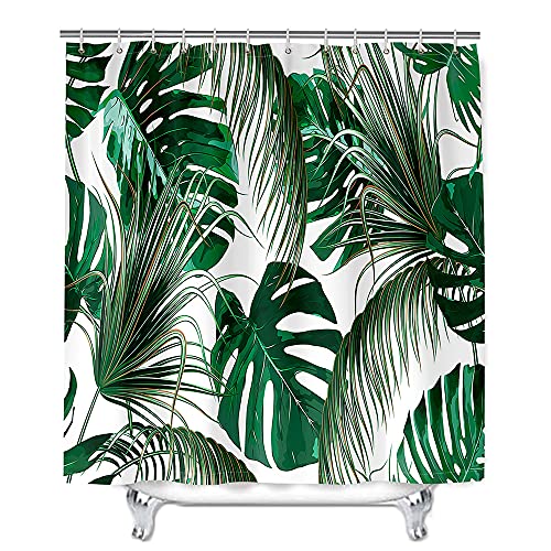 Mateju Wasserdicht Duschvorhang Anti-Schimmel, 3D Pflanzen Motiv Duschvorhänge Waschbar Polyester Stoff Badvorhang mit 12 Duschvorhängeringen für Badewanne und Bathroom (150x180cm,Palmblatt) von Meiju-shop