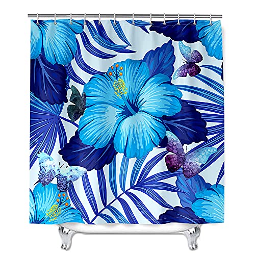 Mateju Wasserdicht Duschvorhang Anti-Schimmel, 3D Pflanzen Motiv Duschvorhänge Waschbar Polyester Stoff Badvorhang mit 12 Duschvorhängeringen für Badewanne und Bathroom (180x200cm,Blaue Blume) von Meiju-shop