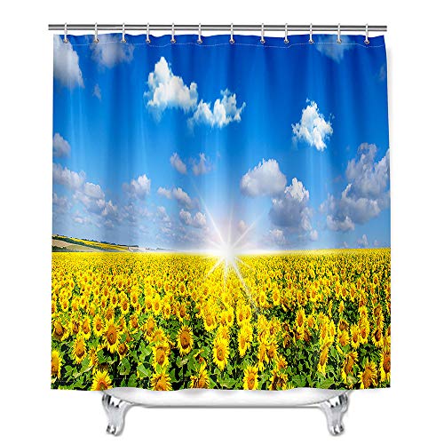 Mateju Wasserdicht Duschvorhang Anti-Schimmel, 3D Sonnenblume Motiv Duschvorhänge Waschbar Polyester Stoff Badvorhang mit 12 Duschvorhängeringen, für Badewanne und Bathroom (Blauer Himmel,90x180cm) von Meiju-shop