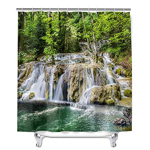 Mateju Wasserdicht Duschvorhang Staubdicht,3D Wasserfall Druck Duschvorhänge Waschbar Polyester Stoff Badvorhang mit 12 Duschvorhängeringen für Badewanne Badezimmer (Bergfrühling,180x200cm) von Meiju-shop