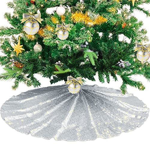 Meiju-shop Mateju Weihnachtsbaum Rock Weihnachtsbaumdecke Rund Decke Groß Christbaumdecke Christbaumständer Teppich Baumdecke Deko für Weihnachten Neujahr Dekoration (Silber Pailletten, 36inch) von Meiju-shop