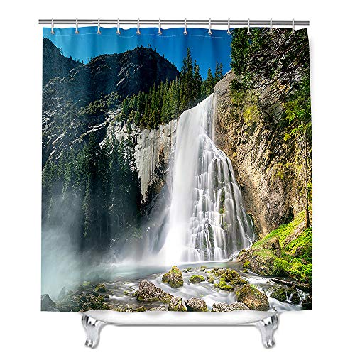 Meiju Wasserdicht Duschvorhang Staubdicht, 3D Landschaftsmalerei Duschvorhänge Waschbar Polyester Stoff Badvorhang mit 12 Duschvorhängeringen für Badewanne Bathroom (Wasserfall A,150x180cm) von Meiju-shop