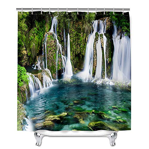 Meiju Wasserdicht Duschvorhang Staubdicht, 3D Landschaftsmalerei Duschvorhänge Waschbar Polyester Stoff Badvorhang mit 12 Duschvorhängeringen für Badewanne Bathroom (Wasserfall B,180x180cm) von Meiju-shop