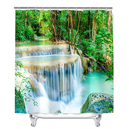 Meiju Wasserdicht Duschvorhang Staubdicht, 3D Landschaftsmalerei Duschvorhänge Waschbar Polyester Stoff Badvorhang mit 12 Duschvorhängeringen für Badewanne Bathroom (Wasserfall H,180x200cm) von Meiju-shop