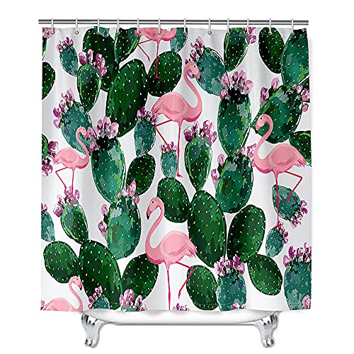 Meiju-shop Mateju Wasserdicht Duschvorhang Anti-Schimmel, 3D Kaktus Duschvorhänge Waschbar Polyester Stoff Badvorhang mit 12 Duschvorhängeringen für Badewanne und Bathroom (Flamingo,90x180cm) von Meiju-shop