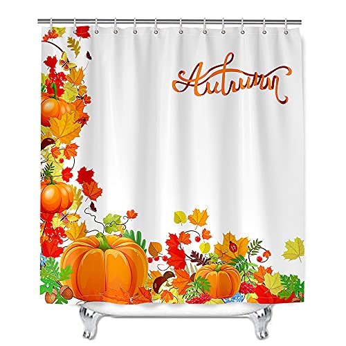 Meiju-shop Mateju Wasserdicht Duschvorhang Staubdicht,3D Herbst Kürbis Druck Duschvorhänge Waschbar Polyester Stoff Badvorhang mit 12 Duschvorhängeringen für Badewanne Badezimmer (Herbst,180x200cm) von Meiju-shop