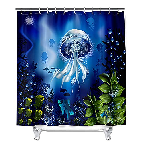 Meiju-shop Mateju Wasserdicht Duschvorhang Staubdicht,3D Quallen Druck Duschvorhänge Waschbar Polyester Stoff Badvorhang mit 12 Duschvorhängeringen für Badewanne Badezimmer (Ozean Welt,120x180cm) von Meiju-shop