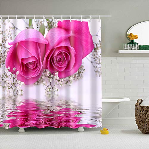 Mateju Duschvorhang, Wasserdicht Waschbar 12 Duschvorhangringe für Badezimmer 3D Digitaldruck Grüne Pflanze mit lebendigen Farben (180x200cm,Rose) von Meiju