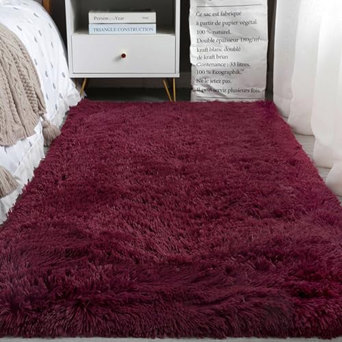 Mateju Teppich Wohnzimmer, Teppich Flauschig 200x300, Modern Hochflor Teppich Schlafzimmer Bettvorleger Teppich Waschbar für Interieur, Kinderzimmer, Schlafzimmer (200x300cm,Burgunderrot) von Meiju