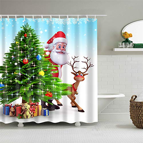 Mateju Weihnachten Duschvorhang, Wasserdicht Waschbar 12 Duschvorhangringe für Badezimmer Digitaldruck Grüne Pflanze mit Weihnachtsmann (180x180cm,B) von Meiju