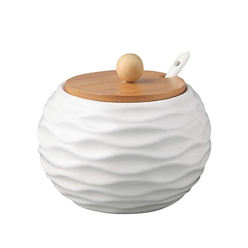 Meijunter Keramik Zuckerdose, 500G Zuckerdose Schüssel mit Löffel und Deckel aus Bambus für Zuhause und Küche von Meijunter