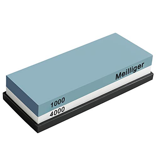 Meilliger Schleifstein Körnung 1000/4000 Abziehstein doppelseitiger Messerschleifer Messerschärfer Wetzstein Schleifhilfe Set für Messer mit Rutschfestem Silikonhalter von Meilliger
