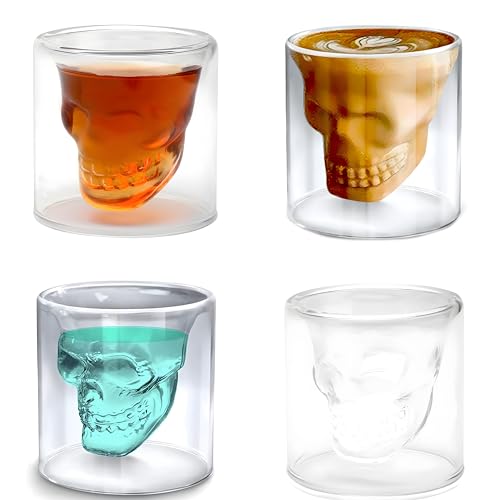 Mein HERZ Totenkopf Gläser, Set 4 Schnapsgläser mit Totenkopf-Motiv Gläser doppelwandig,Tequila GläSer Totenkopf Schnapsglas Shotglas für Kalte Heiße Getränke Cola (75 ML) von Mein HERZ