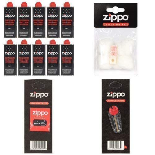 Feuerzeugbenzin ZIPPO Set 10x Zippo Benzin Original Benzin je 125 ml | Starterset1x 6 Stück Feuerstein, 1x Docht, 1x Watte und Filz von Mein Landhaus