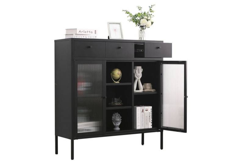 Mein-Regal Highboard PARIS, Schwarz, Kommode Regal Metall Breite 105 cm 2 Glastüren 3 Schubladen von Mein-Regal