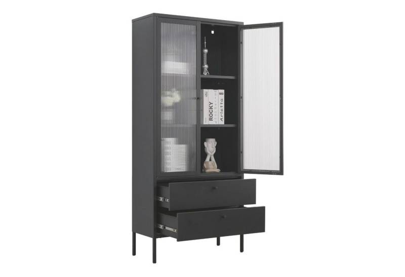 Mein-Regal Standvitrine PARIS Schwarz, Vitrine Metall Glastüren Schubladen stabil Hochschrank 180 cm von Mein-Regal