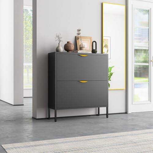 Stilvoller Schuhschrank Paris Schwarz - aus Metall - Schuhregal mit 2 geräumigen Kippfächern - Industrial Design Kommode mit geringer Tiefe, platzsparende und saubere Aufbewahrung deiner Schuhe von Mein-Regal