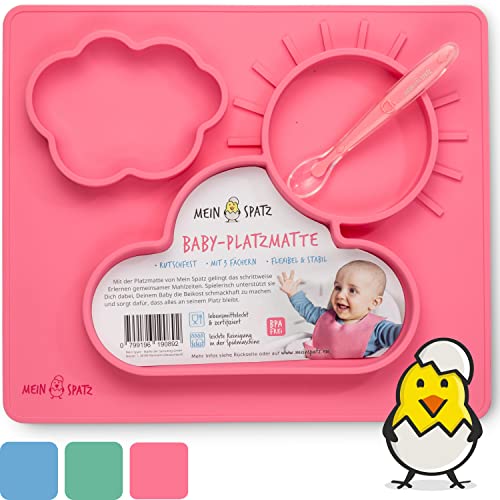 Mein Spatz 40x30cm Silikon Kinderteller unterteilt | Silikonmatte Baby Teller ideal als Baby Led Weaning Zubehör | gemeinsam Spaß haben mit Babyteller rutschfest BPA Frei, pastellrosa von Mein Spatz