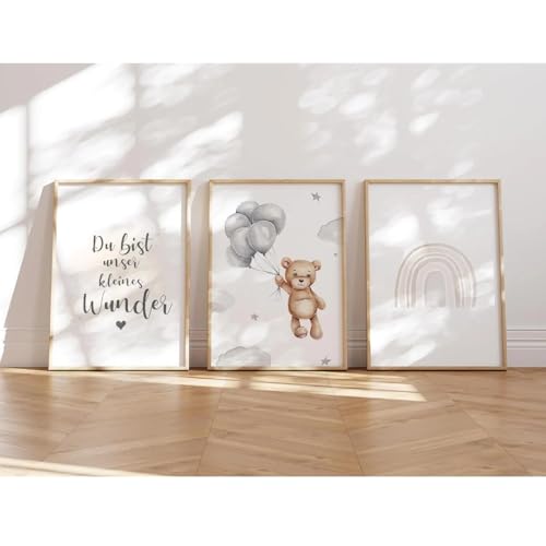Bilder Kinderzimmer, 3er Set DIN a$ Poster Set, Wandbilder mit Spruch, Regenbigen Deko Kinderzimmer Mädchen und Jungen, Babyzimmer Deko (Bär & Regenbogen) von MeinBaby123