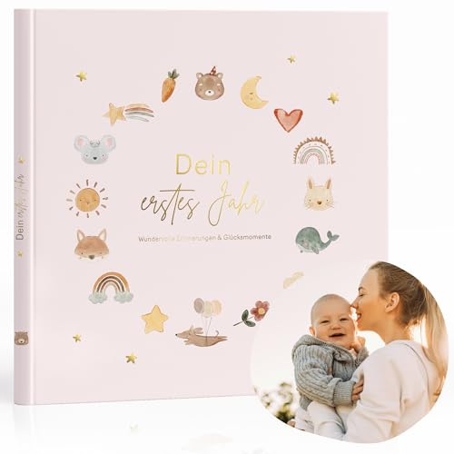 MeinBaby123® Babyalbum „Dein erstes Jahr“ hochwertig vergoldet mit 136 Ausfüllseiten | Geschenk zur Geburt | Baby-Erinnerungsalbum zum ausfüllen für Meilensteine im 1. Lebensjahr (rosa) von MeinBaby123