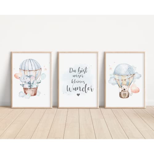 MeinBaby123® Bilder | 3er Set DIN A4 | Kinderzimmer Poster | Deko Bilder | Babyzimmer Deko Regenbogen | Taufgeschenk, Geschenk zur Geburt (Elefant & KrokoV1) von MeinBaby123