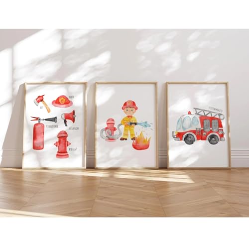 MeinBaby123® Bilder Kinderzimmer | 3er Set DIN A4 Poster Set Feuerwehr | Feuerwehrauto, Feuerwehrmann | Deko Kinderzimmer Junge | Babyzimmer Deko | Wandposter Premium (Feuerwehr V3) von MeinBaby123