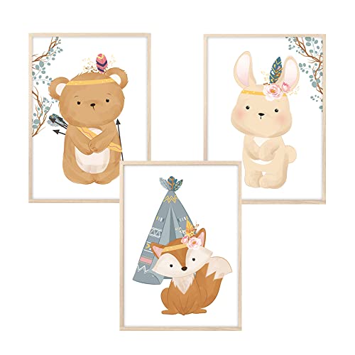 MeinBaby123® Bilder Kinderzimmer | 3er Set DIN A4 Poster Set | Indianer-Tiere Boho Wandbilder | Deko Bilder Kinderzimmer | Babyzimmer Deko | Wandposter Premium (Tiere Boho - Set 3) von MeinBaby123