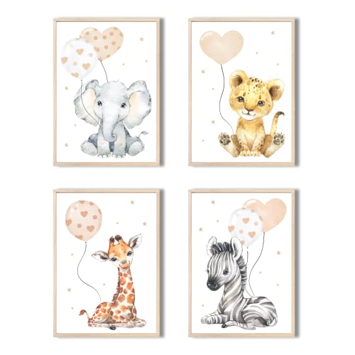 MeinBaby123® Bilder Kinderzimmer | 3er Set DIN A4 Poster Set | Wandbilder | Tiere Luftballon | Deko Bilder Kinderzimmer | Babyzimmer Deko I Wandposter Premium (Afrika Tiere - beige) von MeinBaby123