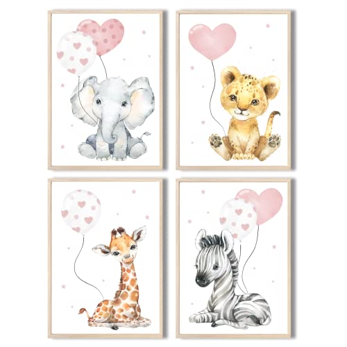 MeinBaby123® Bilder Kinderzimmer | 3er Set DIN A4 Poster Set | Wandbilder | Tiere Luftballon | Deko Bilder Kinderzimmer | Babyzimmer Deko I Wandposter Premium (Afrika Tiere - rosa) von MeinBaby123