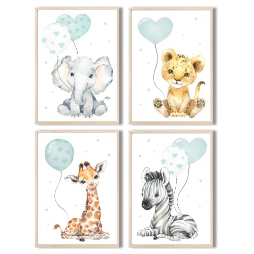 MeinBaby123® Bilder Kinderzimmer | 3er Set DIN A4 Poster Set | Wandbilder | Tiere Luftballon | Deko Bilder Kinderzimmer | Babyzimmer Deko I Wandposter Premium (Afrika Tiere - turkis) von MeinBaby123