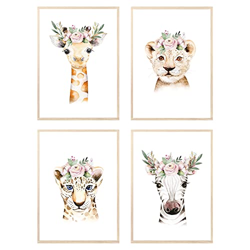 MeinBaby123® Bilder Kinderzimmer | 4er Set DIN A4 Poster Set | Wandbilder | Deko Bilder Kinderzimmer | Babyzimmer Deko | Giraff, Zebra, Löwe, Leopard (Tiere Kopfschmuck - Set 2) von MeinBaby123